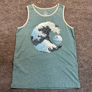 George Graphic Tank Top Small Teal Wave Print‎ Cotton Blend Sleeveless Shirt